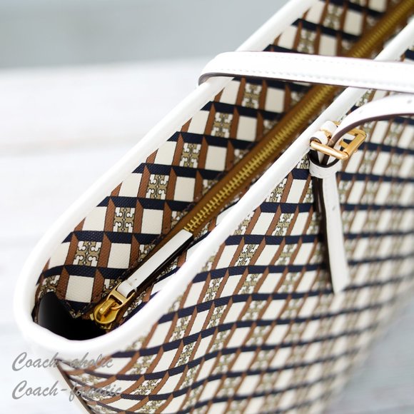 NWT Tory Burch Geo Logo Top Zip Allover Large Tote in Ivory Neutral - Picture 9 of 12